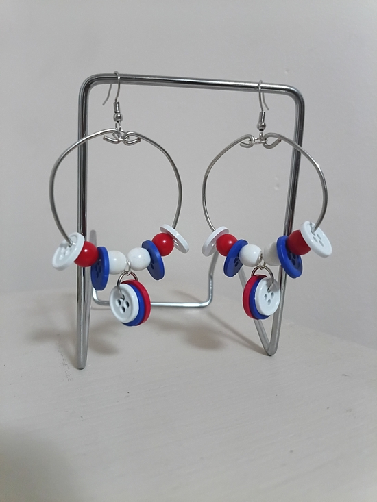 Jewelry - Patriotic Beaded Button Hoop Earrings - Red White Blue